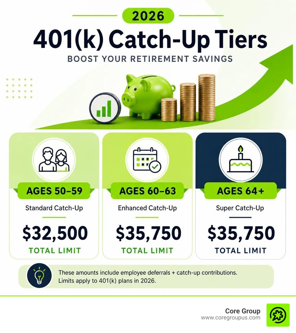 2026 401k catch up tiers for ages 50 to 59, 60 to 63, and 64 plus infographic