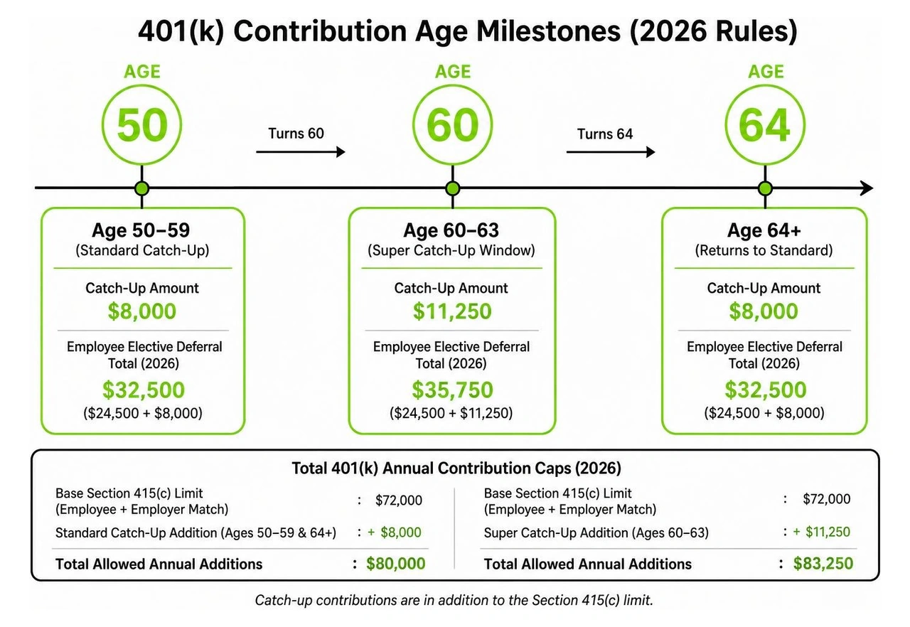 timeline of 401k contribution age milestones at 50, 60, and 64