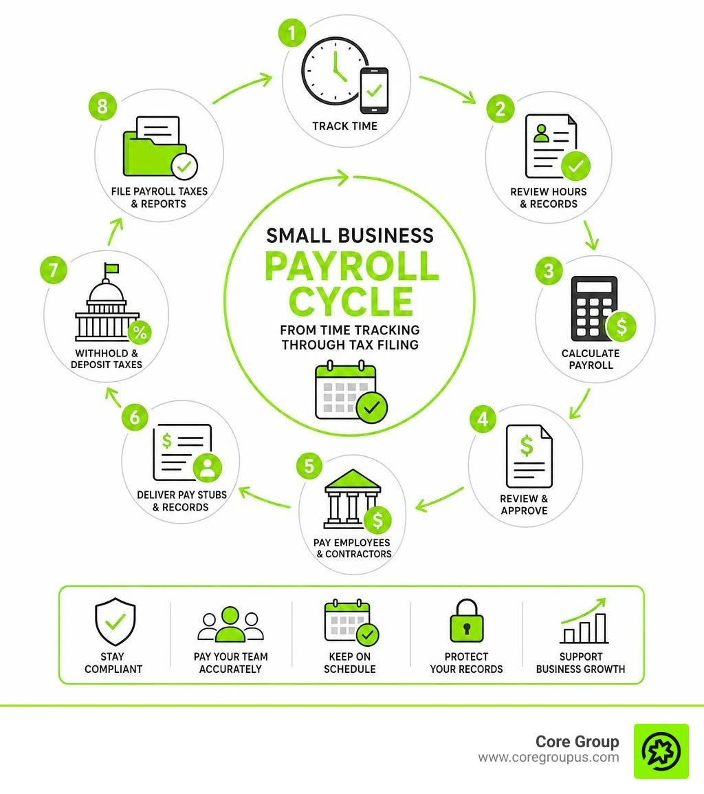 Small business payroll cycle from time tracking through tax filing infographic Small business payroll cycle from time tracking through tax filing infographic
