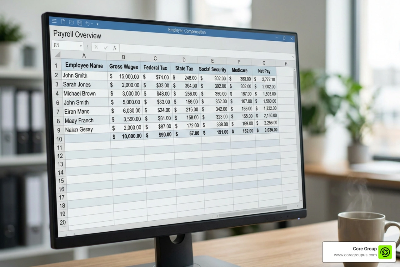 Digital payroll management interface displaying employee wages and deductions Digital payroll management interface displaying employee wages and deductions