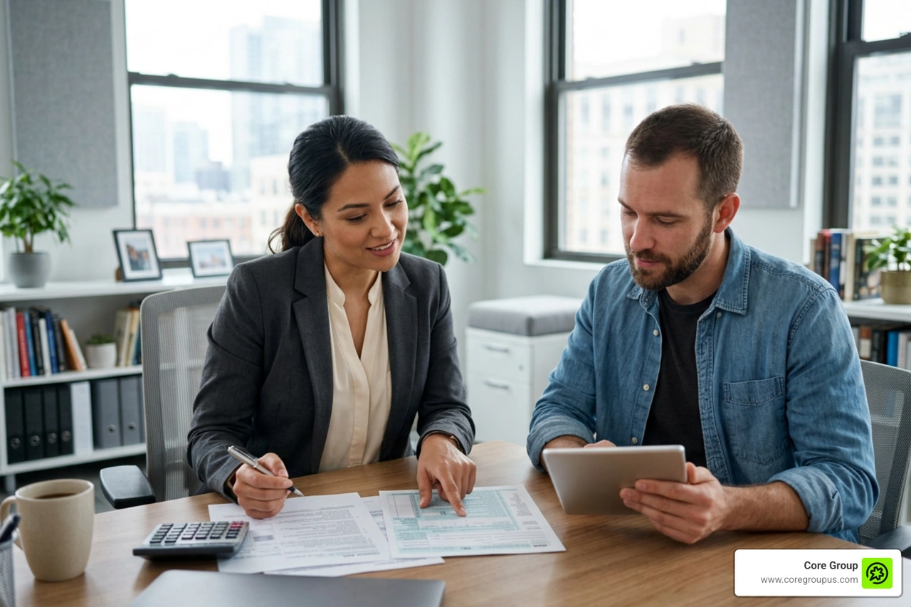 tax professional assisting a creative entrepreneur with paperwork tax professional assisting a creative entrepreneur with paperwork