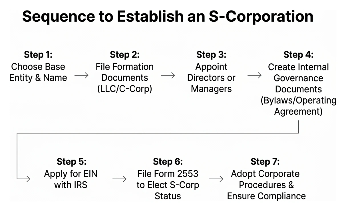 Sequence of seven steps to establish an S-corporation from entity formation to compliance