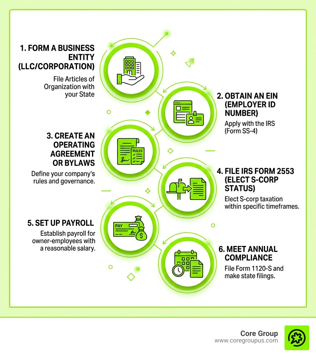 S-corp setup workflow from state formation through payroll and annual tax filing infographic