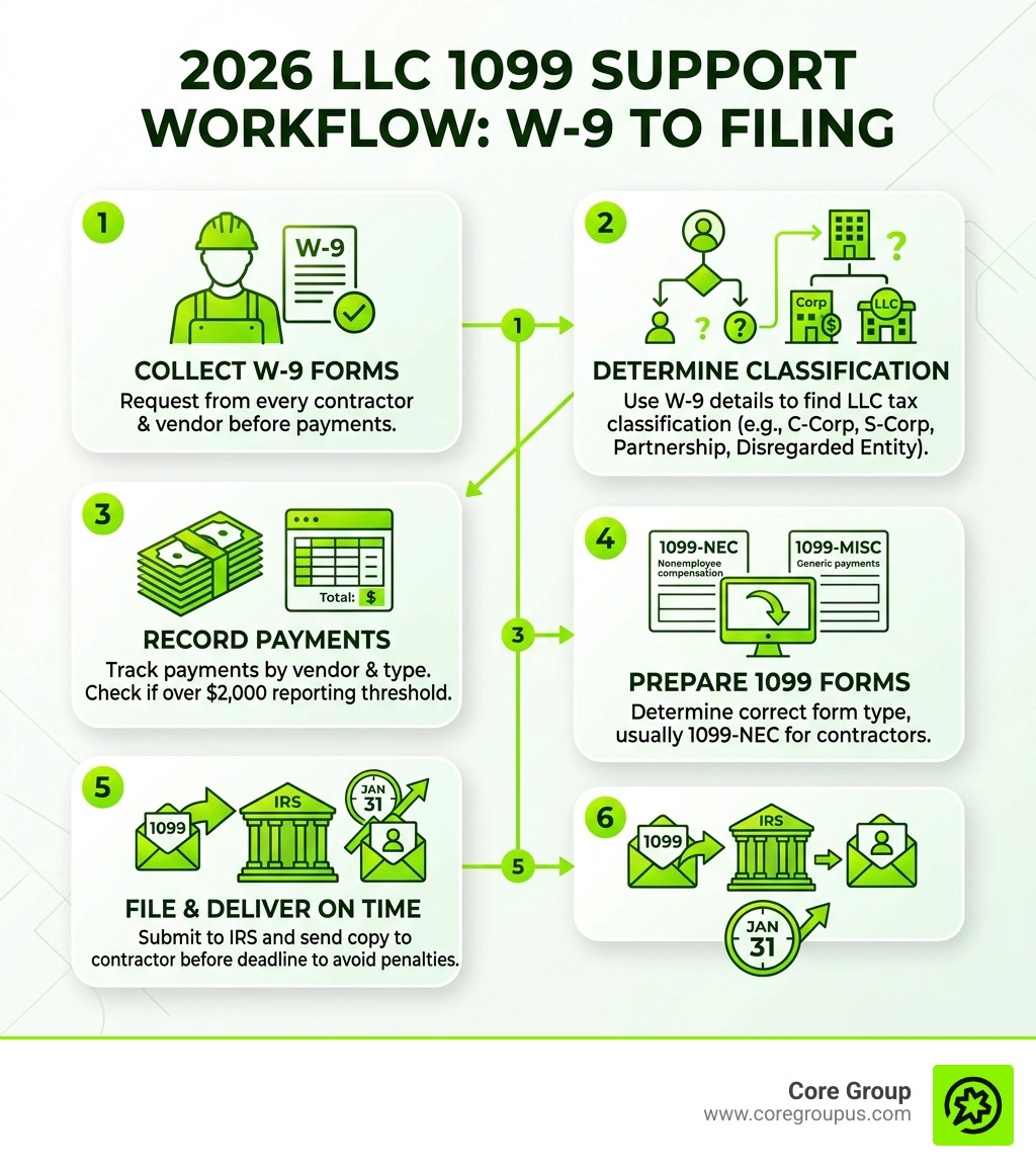 2026 LLC 1099 support workflow from W-9 collection to filing infographic 2026 LLC 1099 support workflow from W-9 collection to filing infographic