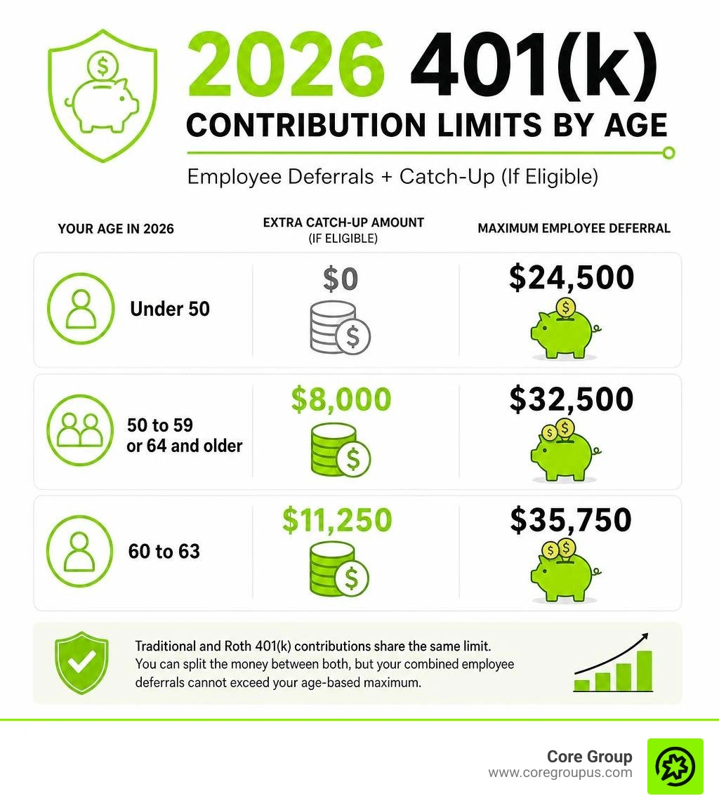 2026 401k contribution limits by age infographic 2026 401k contribution limits by age infographic