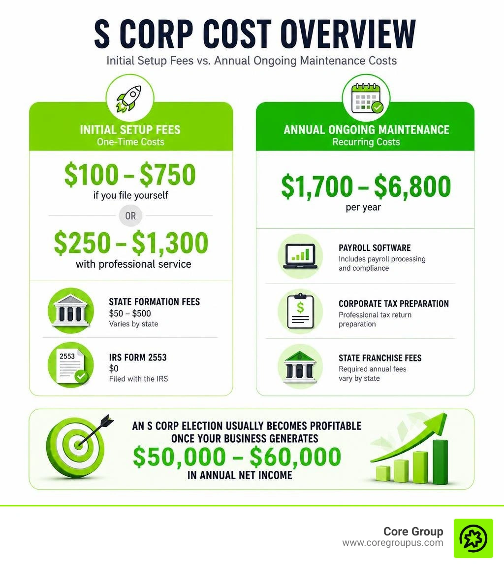 Overview of S Corp initial setup fees versus annual ongoing maintenance costs infographic Overview of S Corp initial setup fees versus annual ongoing maintenance costs infographic