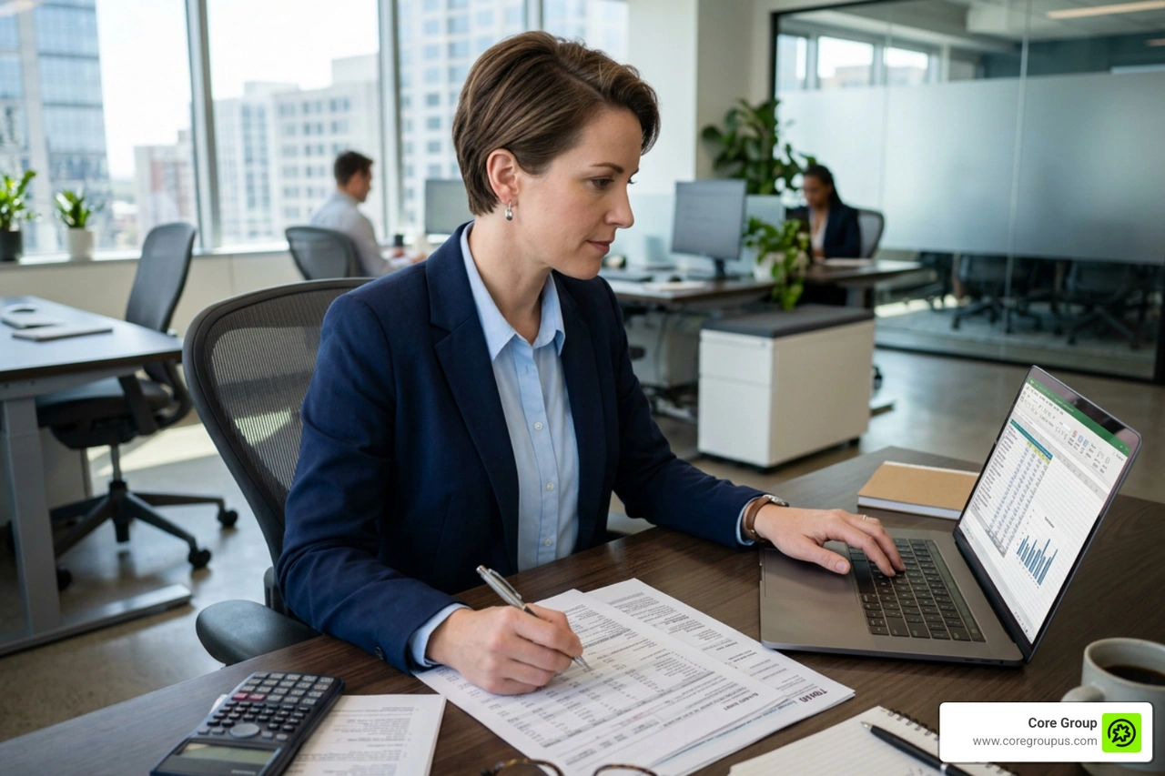 Accountant preparing corporate tax filings and financial records Accountant preparing corporate tax filings and financial records