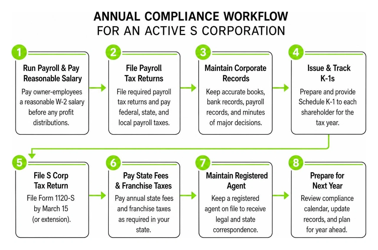Step-by-step annual compliance workflow for an active S Corporation Step-by-step annual compliance workflow for an active S Corporation