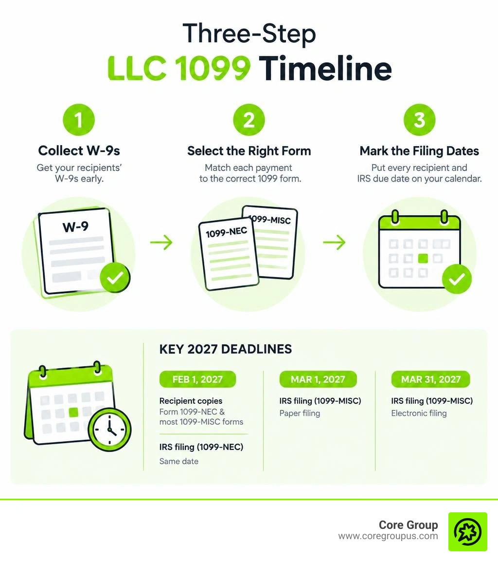 Three-step LLC 1099 timeline with W-9 collection, form selection, and filing dates infographic Three-step LLC 1099 timeline with W-9 collection, form selection, and filing dates infographic