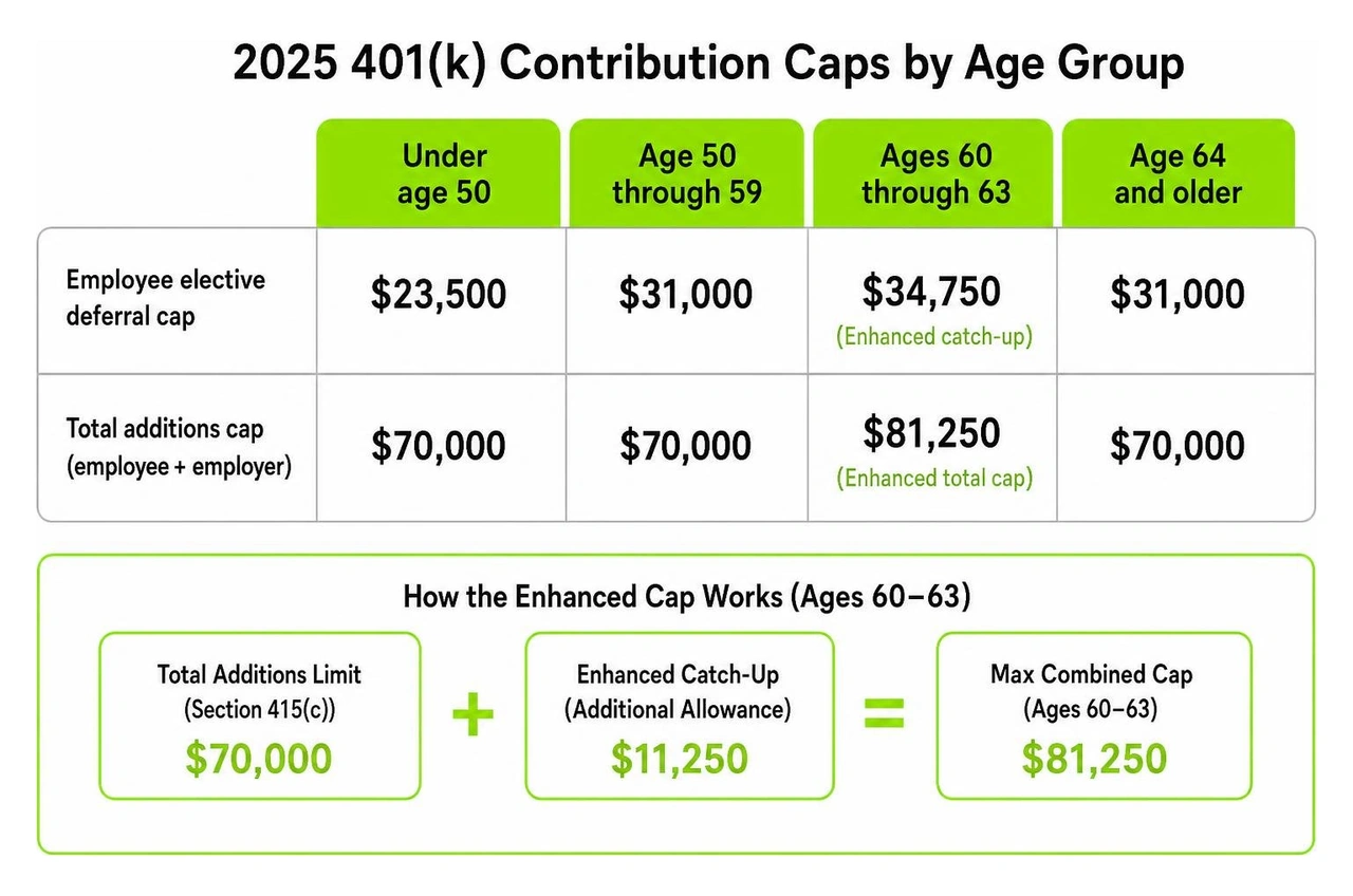 comparison of total 401k contribution caps for different age groups