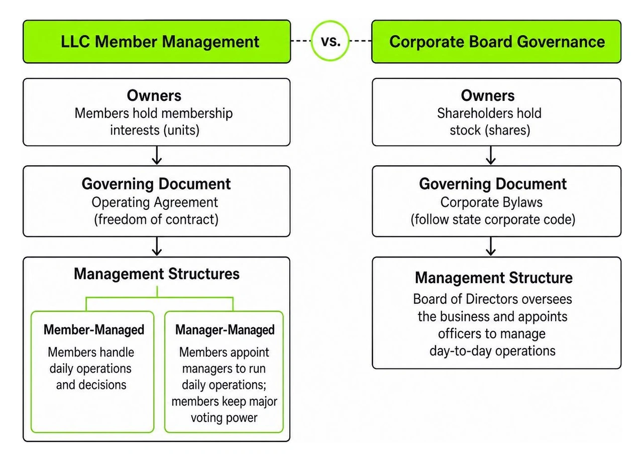 Decision diagram comparing LLC member management with corporate board governance Decision diagram comparing LLC member management with corporate board governance