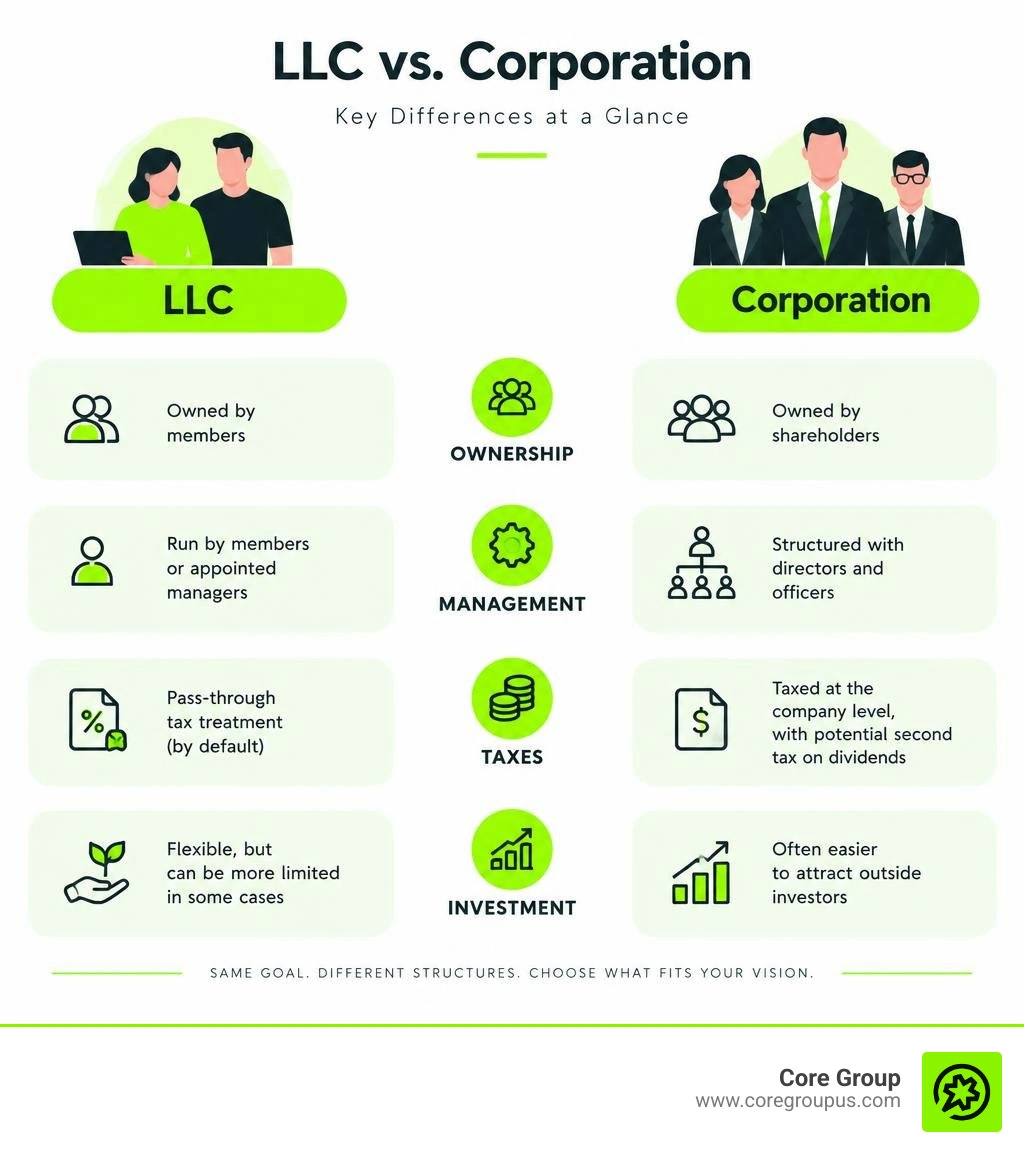 LLC and corporation comparison for ownership management taxes and investment infographic LLC and corporation comparison for ownership management taxes and investment infographic
