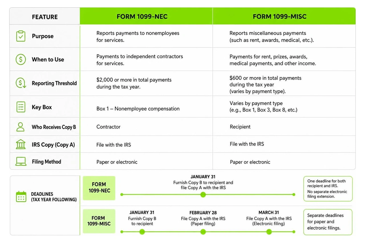 Comparison diagram of Form 1099-NEC and Form 1099-MISC requirements and timelines