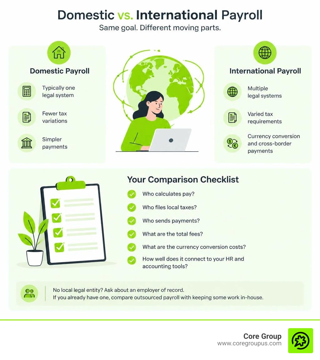 Domestic and international payroll differences and a checklist for comparing providers infographic Domestic and international payroll differences and a checklist for comparing providers infographic