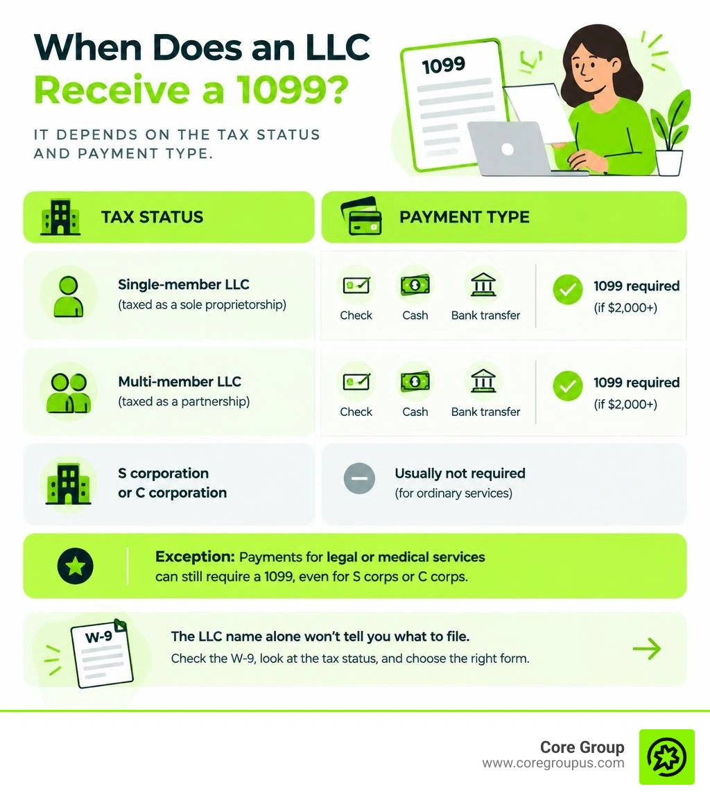 Infographic showing when an LLC receives a 1099 based on tax status and payment type infographic