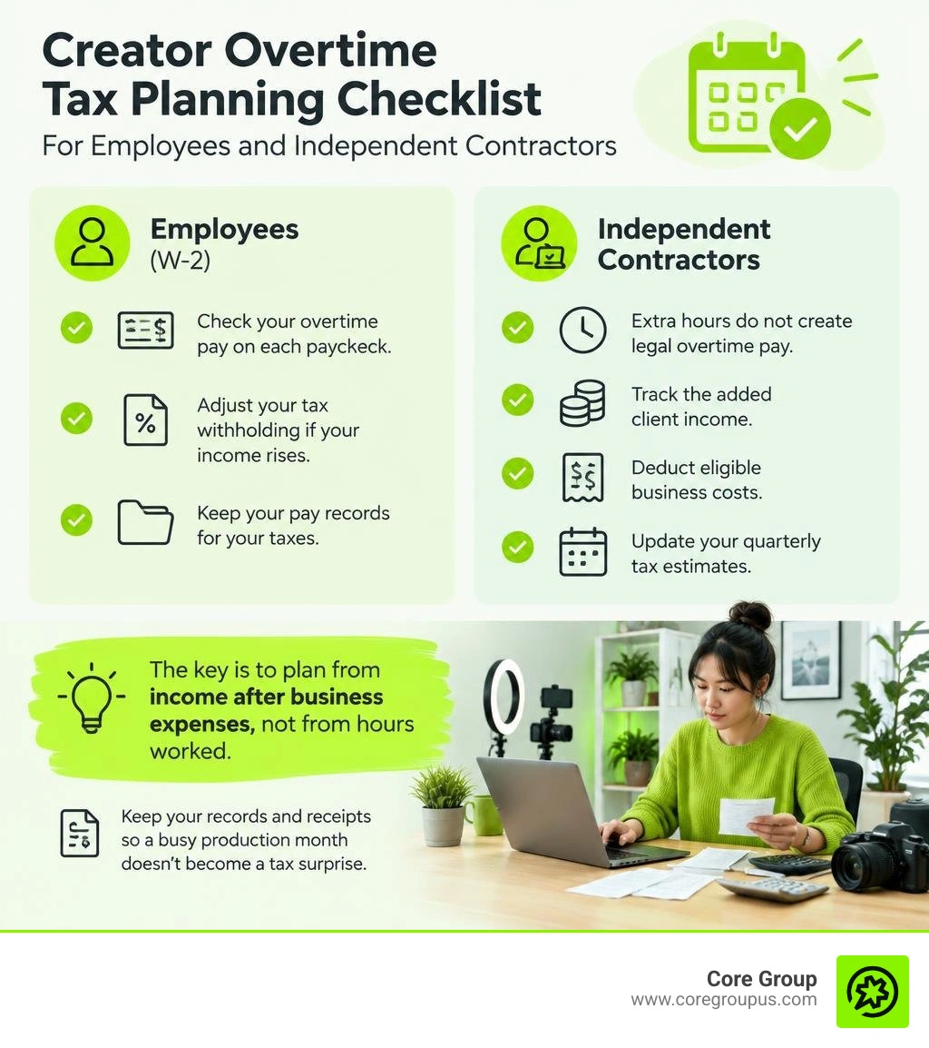 Creator overtime tax planning checklist for employees and independent contractors infographic Creator overtime tax planning checklist for employees and independent contractors infographic