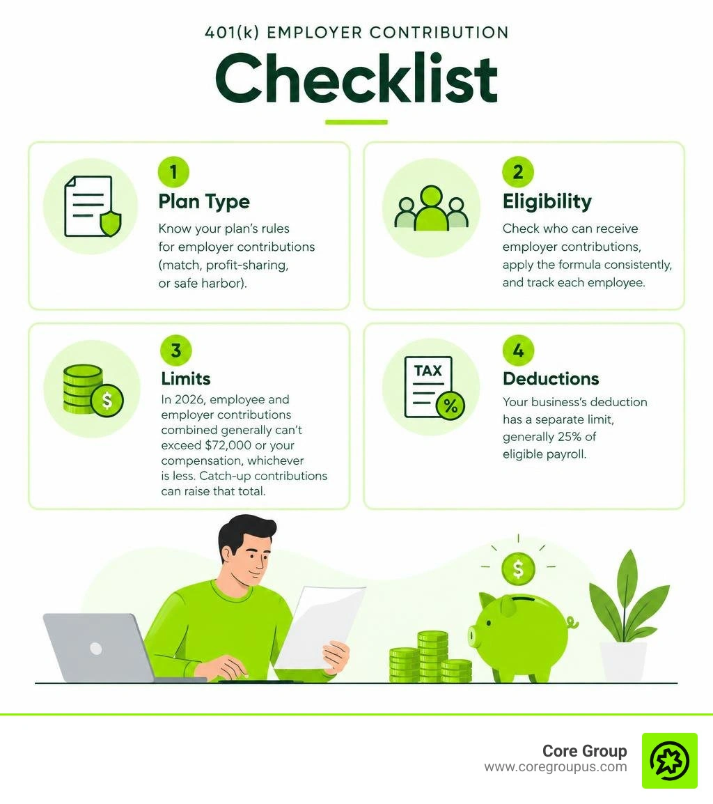 401(k) employer contribution checklist covering plan type, eligibility, limits, and deductions infographic 401(k) employer contribution checklist covering plan type, eligibility, limits, and deductions infographic