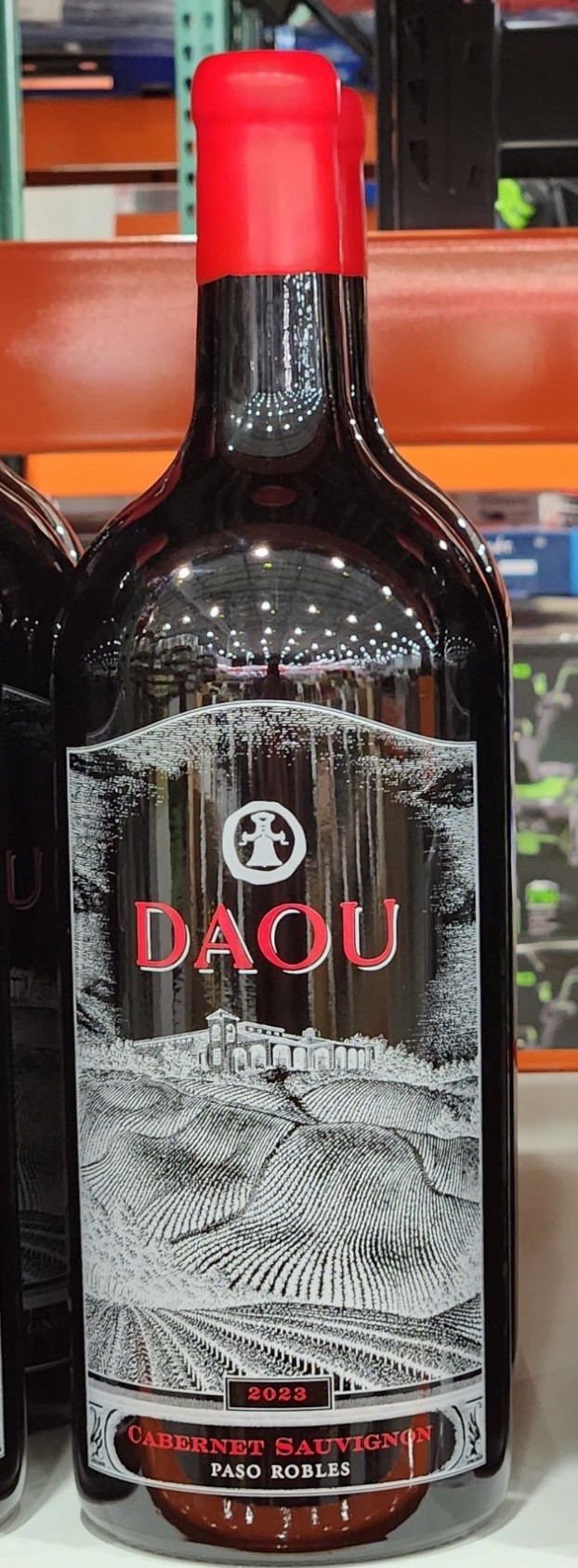 3-liter bottle of DAOU Cabernet Sauvignon 2023 with red wax top on display at Costco.