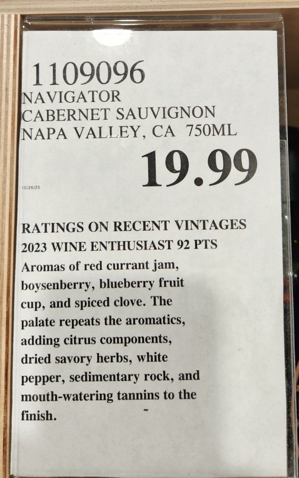 Navigator Cabernet Sauvignon is a $20 Napa sleeper with honest fruit, mouth-watering tannin, and enough complexity to feel like you got away with something. I’ll grab another bottle — especially for weeknight dinners or casual get-togethers when you want something solid without flexing your wallet.