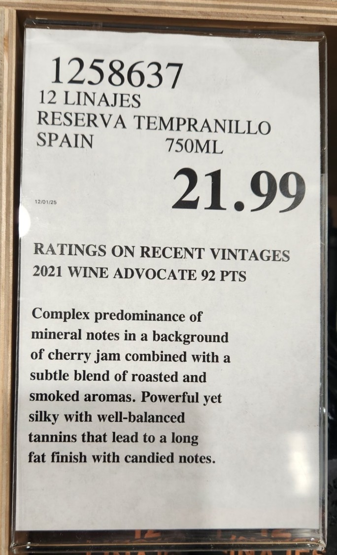 The 12 Linajes Reserva 2021 turned out to be one of the best under-$25 reds I’ve picked up from Costco this year. Smooth, bold, smoky, and loaded with dark fruit, it’s the kind of Ribera del Duero that feels like it should cost more. If you see it, don’t hesitate—Costco doesn’t keep gems like this around forever. Grab it for winter dinners, weekend grilling, or just a good glass after a long Lakeshore day.