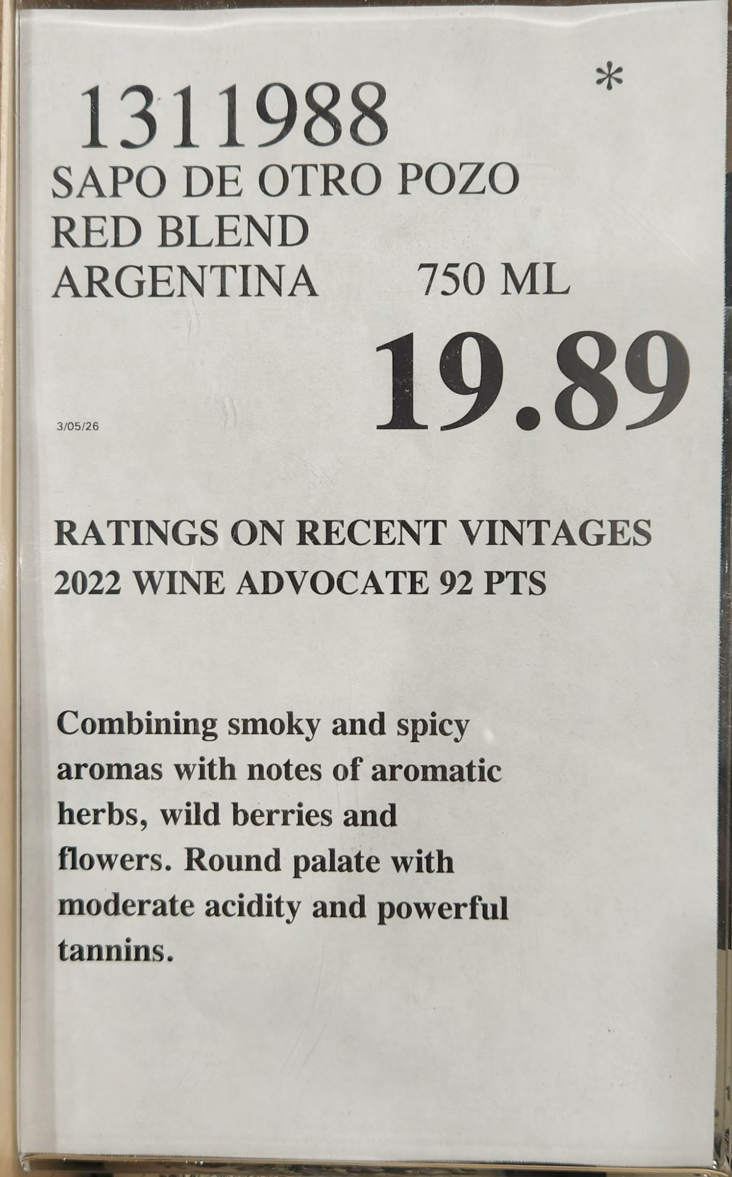 Sapo de Otro Pozo Red Blend is a serious backyard grilling wine. It has the tannins to handle steak, the fruit to complement barbecue, and the structure to stand up to hearty meals. When spring finally starts showing signs of life, this is exactly the kind of bottle that belongs next to the grill.