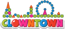 Colorful Clown Town logo with playful cartoon letters and decorative elements