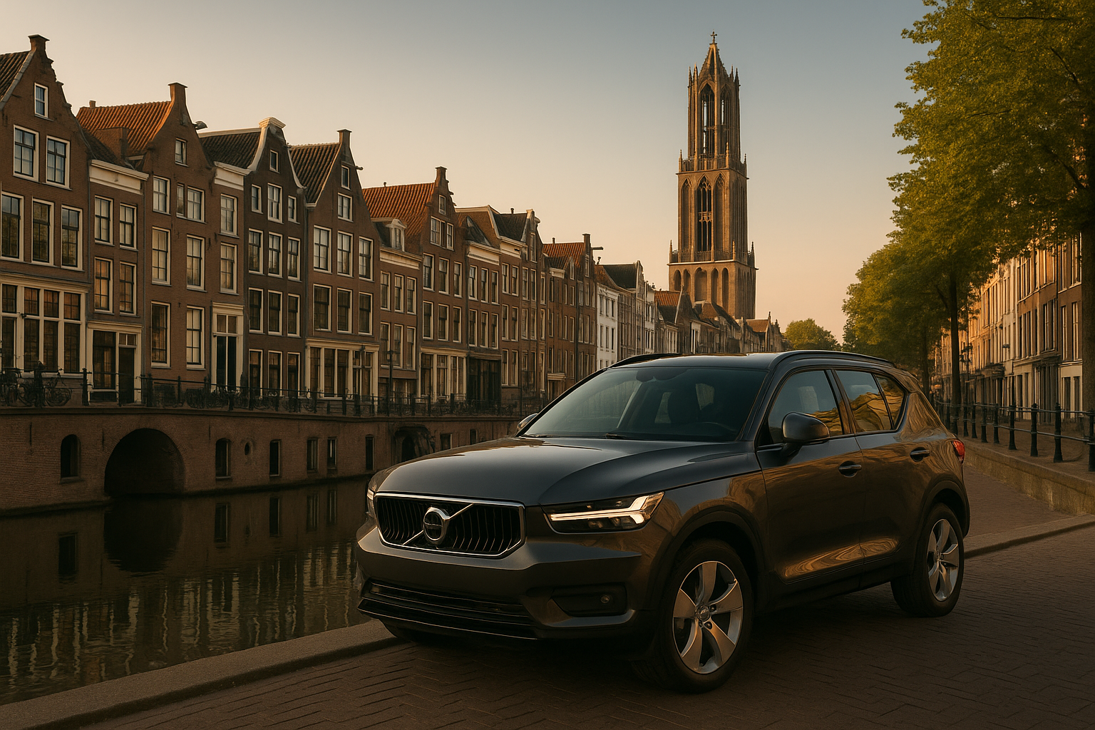 Volvo SUV geparkeerd langs de gracht met de Domtoren in Utrecht op de achtergrond tijdens zonsondergang