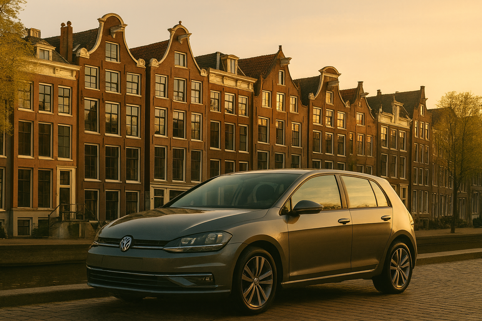 Grijze Volkswagen Golf geparkeerd langs de gracht met historische Amsterdamse grachtenpanden bij zonsondergang