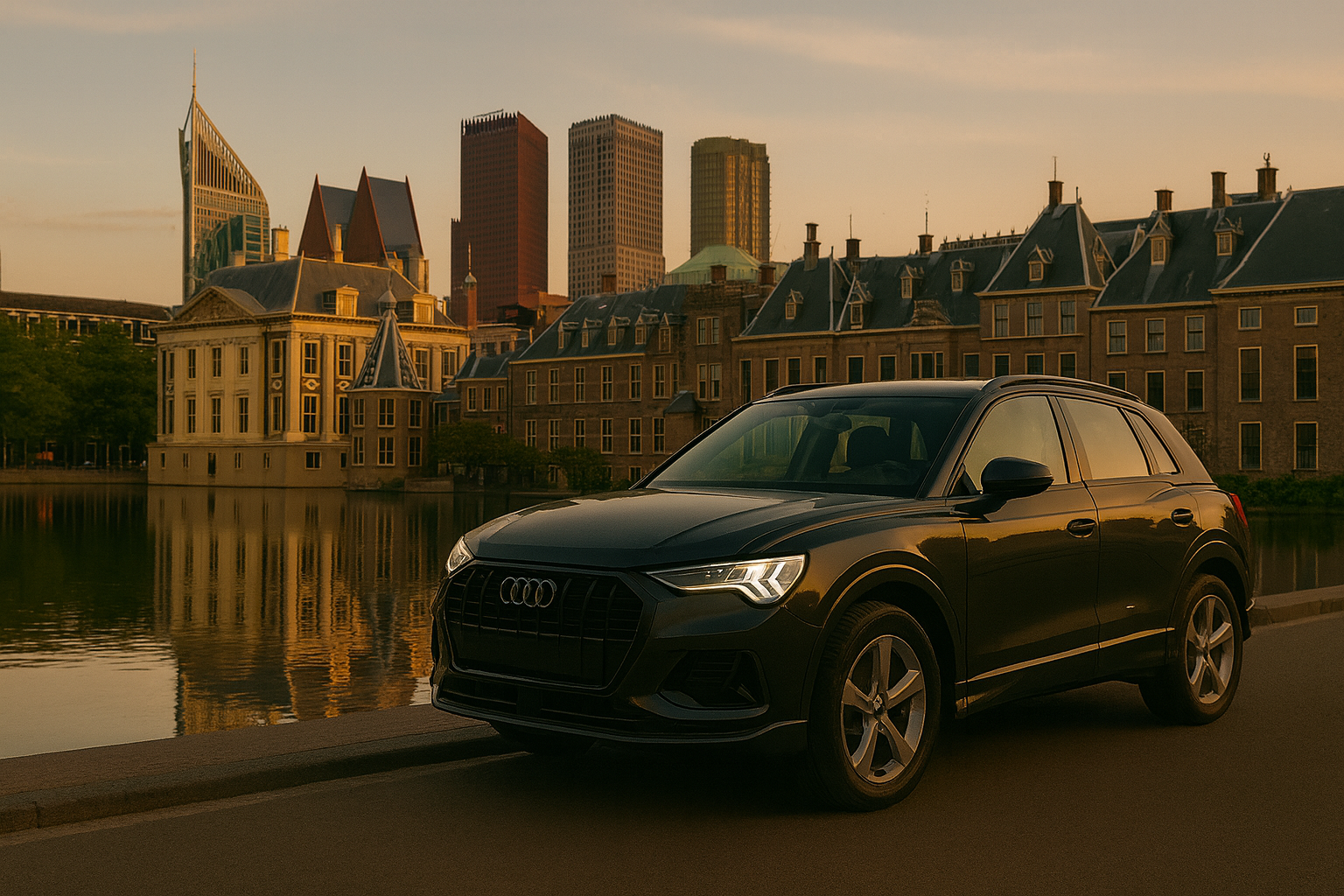 Zwarte Audi SUV geparkeerd langs het water met de skyline van Den Haag op de achtergrond tijdens zonsondergang