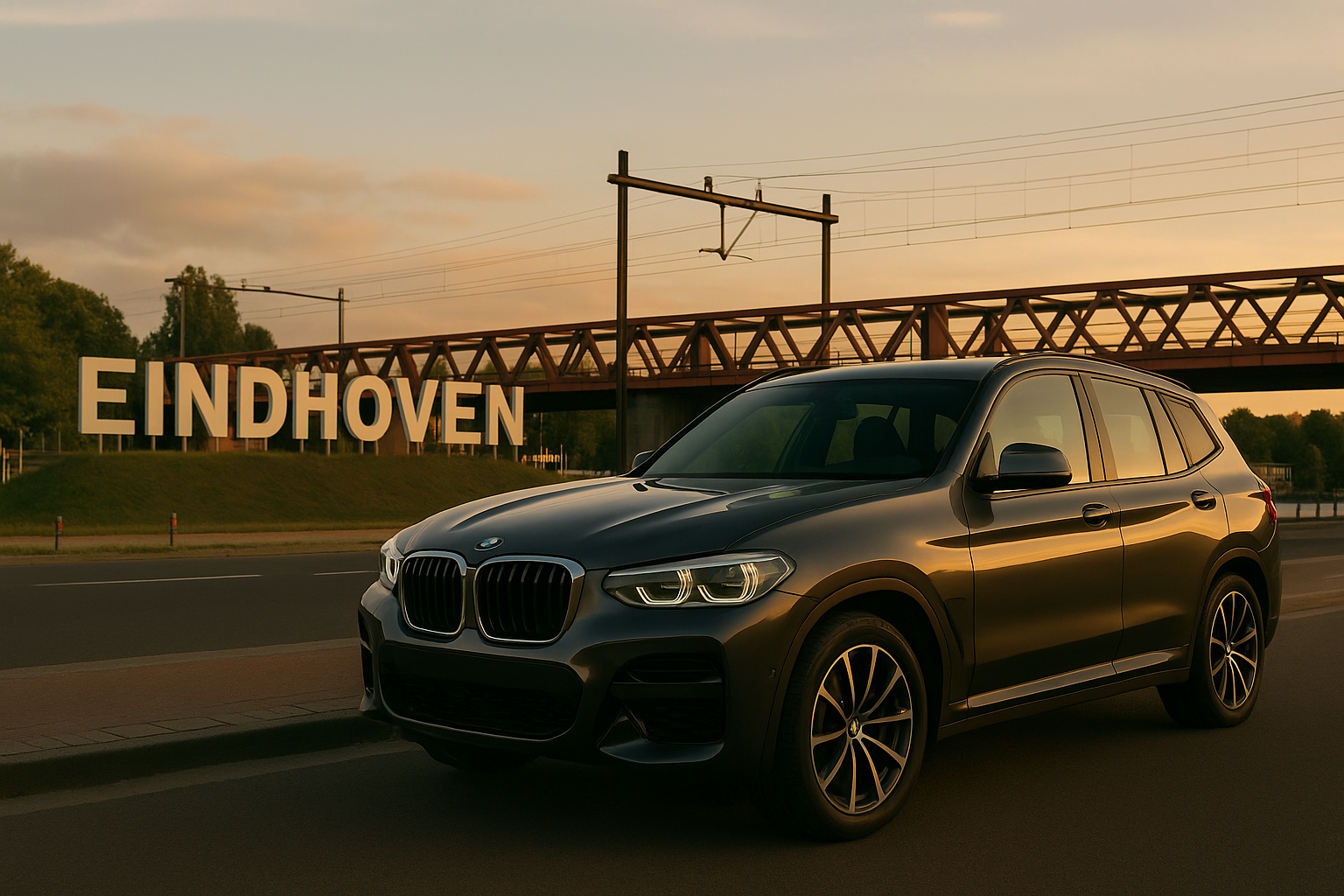 Donkergrijze BMW SUV langs de weg bij het iconische ‘Eindhoven’-bord in avondlicht