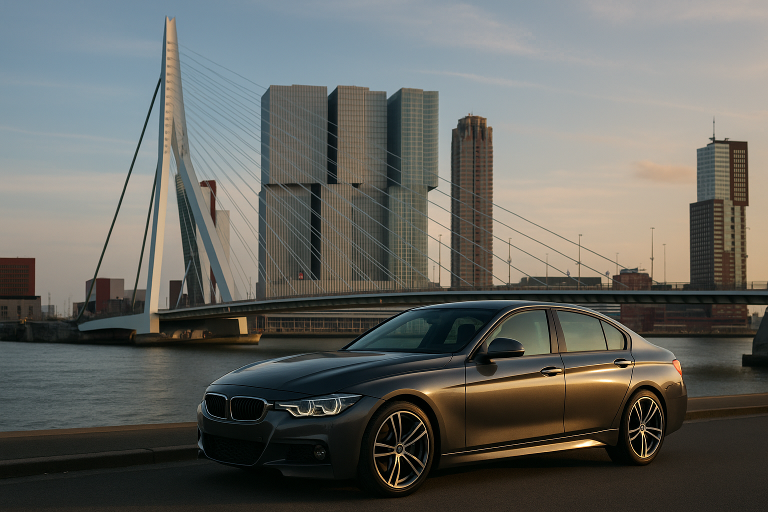 Zwarte BMW sedan geparkeerd op de kade met de skyline van Rotterdam en de Erasmusbrug op de achtergrond