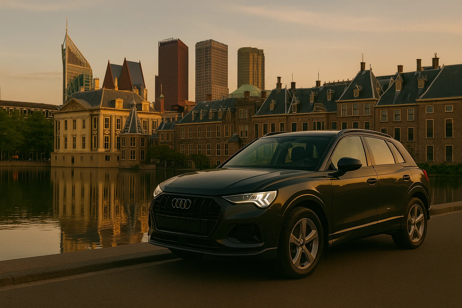 Zwarte Audi SUV geparkeerd langs het water met de skyline van Den Haag op de achtergrond tijdens zonsondergang
