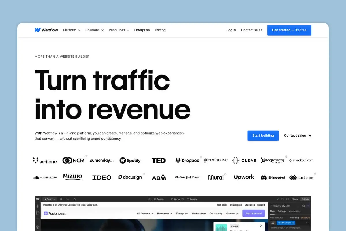 Screenshot of Webflow's homepage, showcasing a no-code platform for modern web development.
