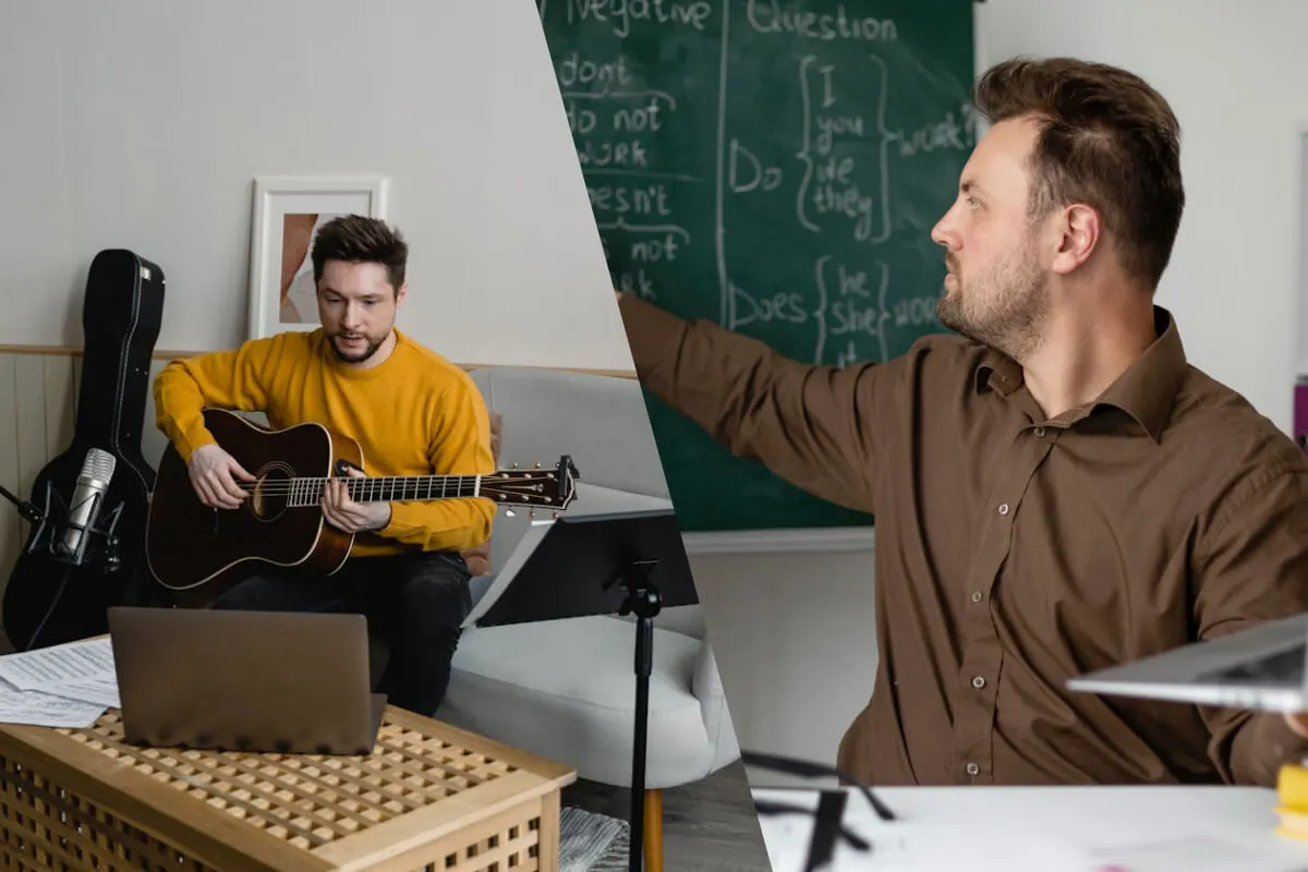 Image shows a guitarist teaching online on the left and an English tutor at a blackboard on the right, highlighting online tutoring niches.