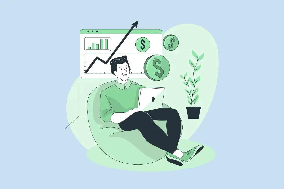 Illustration of a tutor sitting in a chair with a laptop, reviewing a graph highlighting online tutoring business profitability.