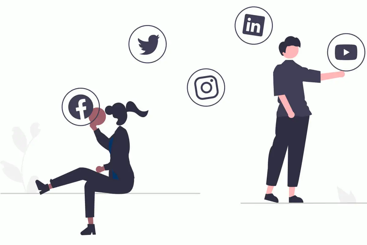 Illustration of two people trying to choose the right social media platform.