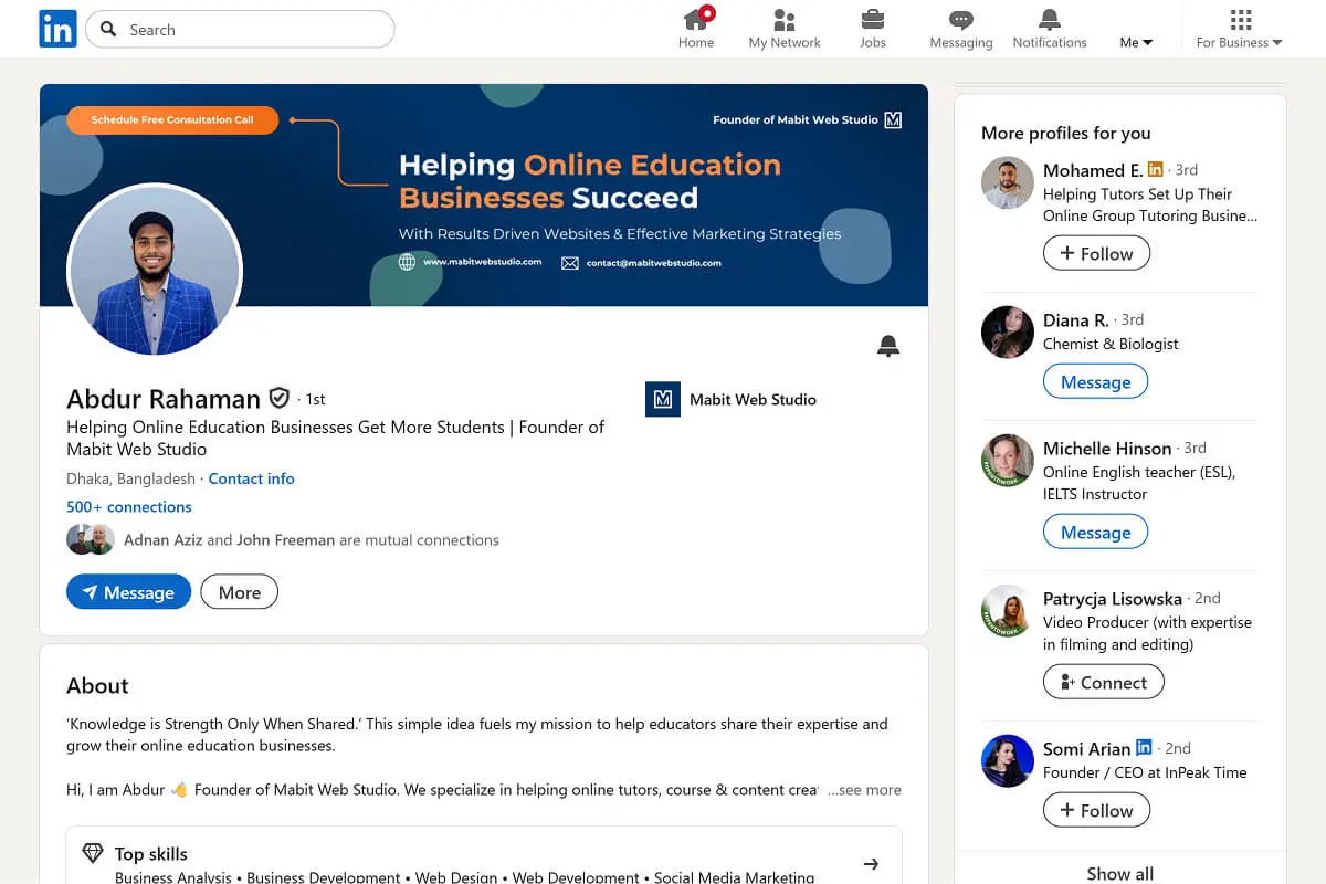 Screenshot of Abdur Rahaman's LinkedIn profile.