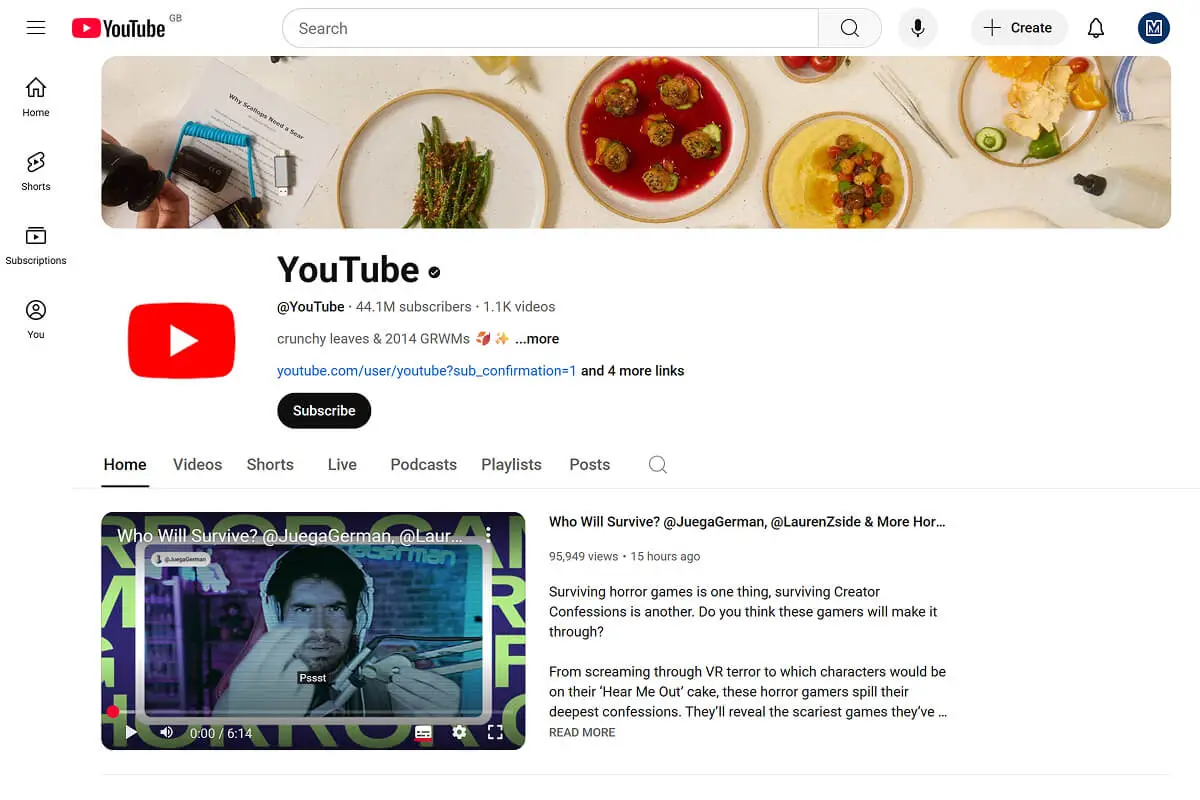 Screenshot of the homepage of the official youtube channel.