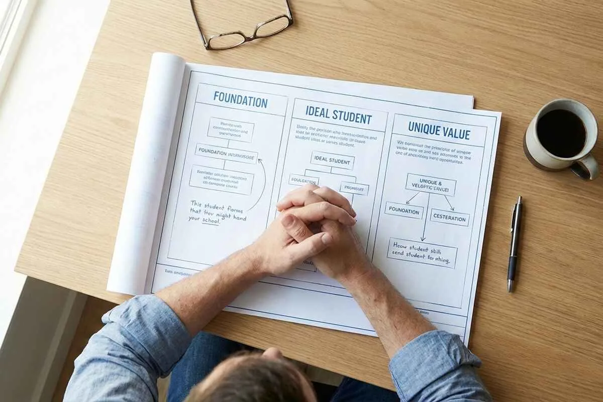 Overhead view of a thoughtful online tutor at a minimalist desk, analyzing a business plan with coffee and a pen nearby.