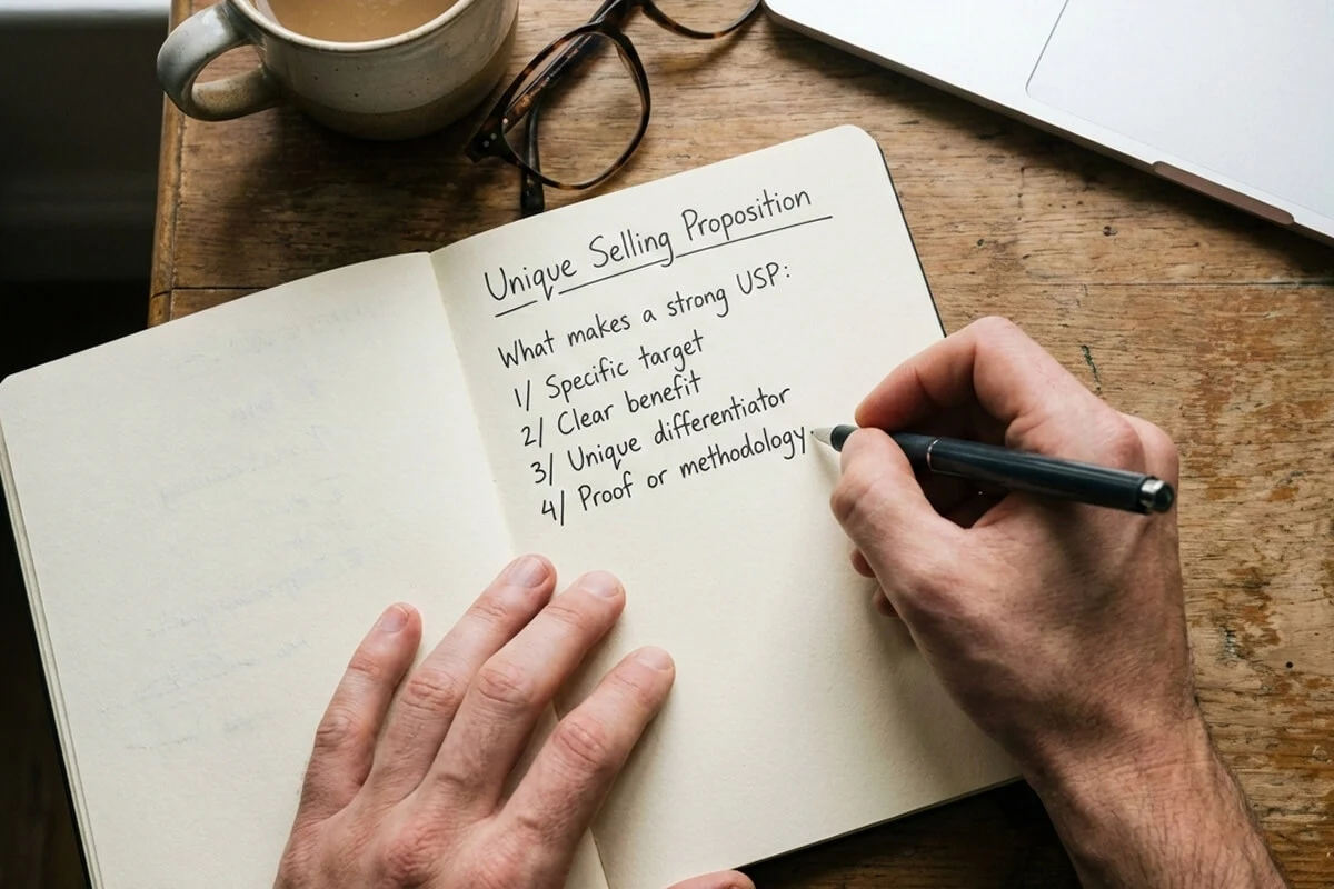 Overhead view of a tutor writing "Unique Selling Proposition" on paper, with notes on crafting a strong USP.