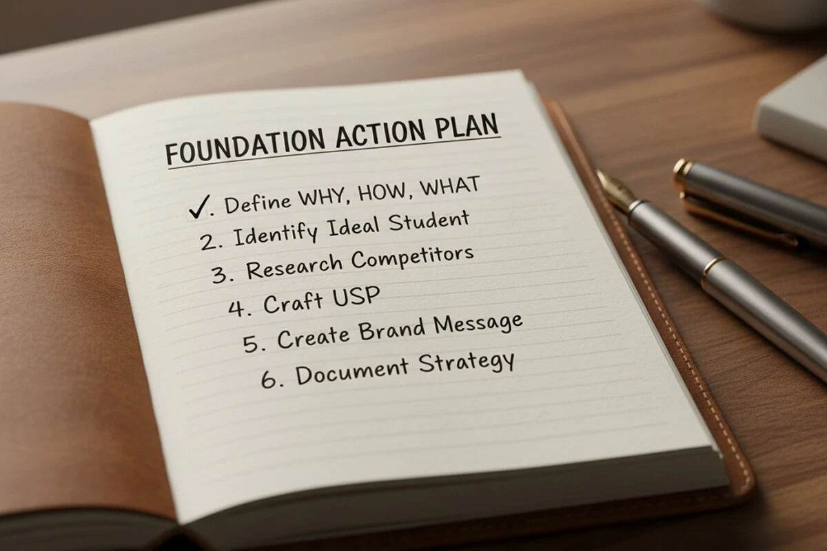 Close-up of an open leather journal with a handwritten "FOUNDATION ACTION PLAN" checklist; three boxes checked, pen beside it.