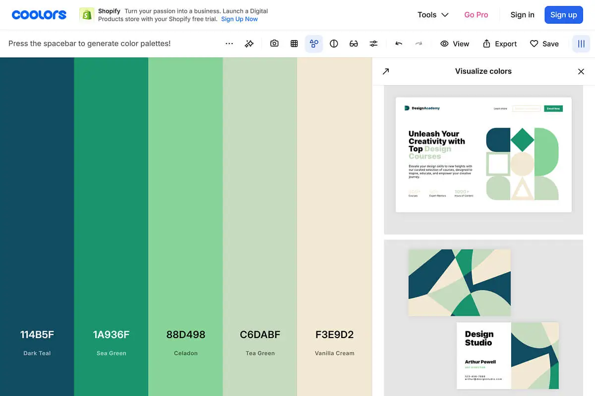 Screenshot of a business color theme from the color palette generation platform coolors.