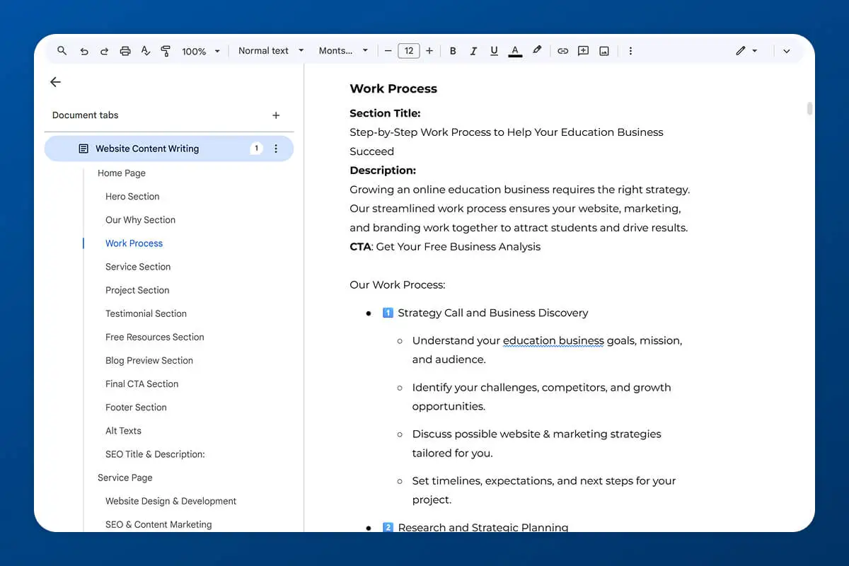 Screenshot of the google document of of mabit web studio’s website copy writing process. 