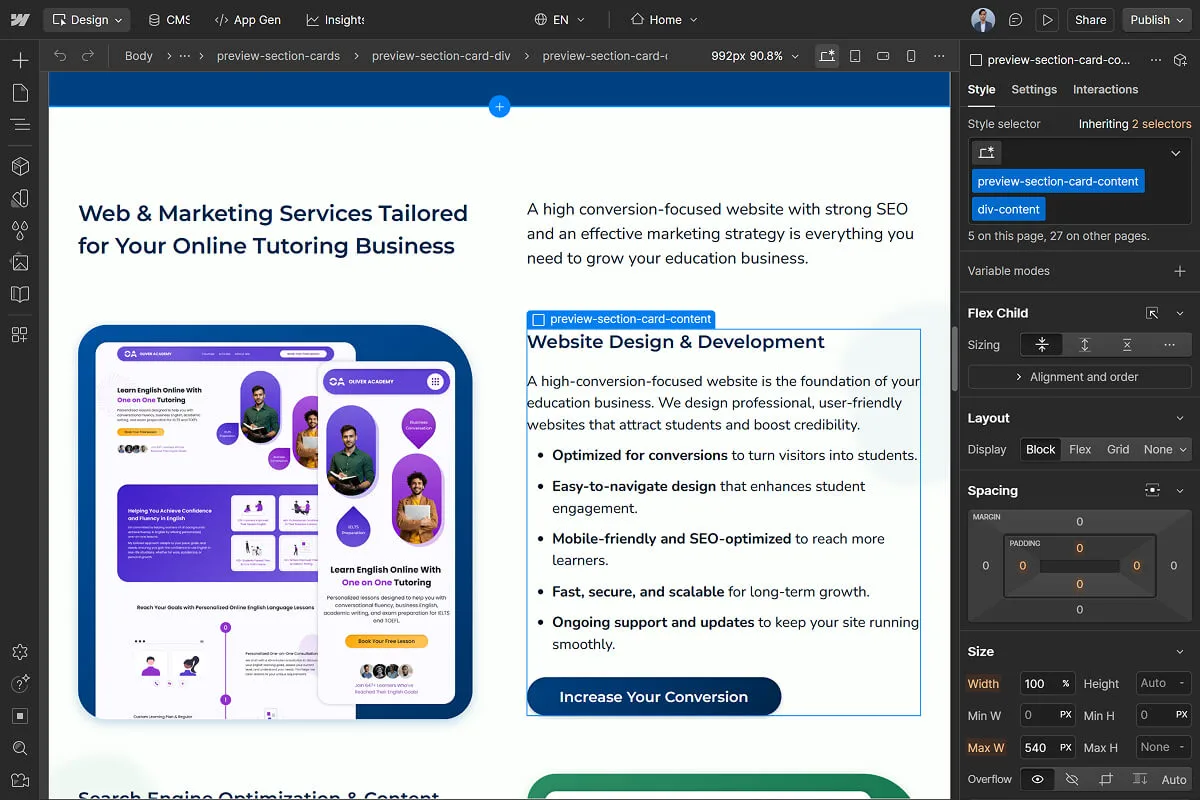 Screenshot of Webflow’s website design dashboard.