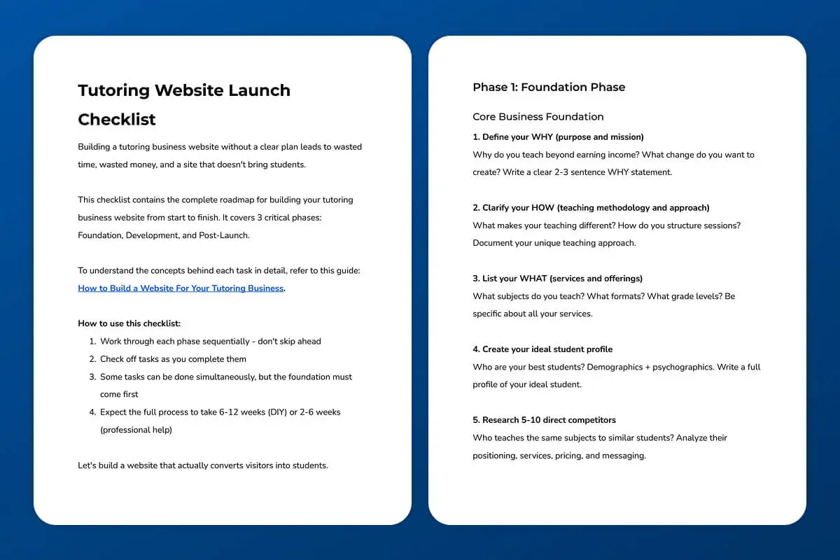 Screenshot of the front page of the document tutoring website launch checklist.