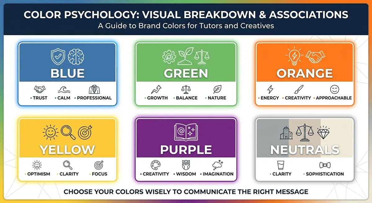 Infographics on Color psychology guide for tutors featuring six swatches with key associations: Blue (trust, calm, professional), Green (growth, balance, nature), Orange (energy, creativity, approachable), Yellow (optimism, clarity, focus), Purple (creativity, wisdom, imagination), and Neutrals (clarity, sophistication). Each section includes icons representing these educational values.