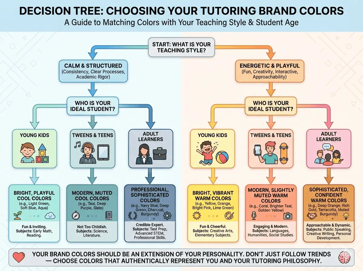 A decision tree flowchart for tutors to choose brand colors based on teaching style and student age. The chart branches from "Calm & Structured" or "Energetic & Playful" styles into age groups (Young Kids, Tweens & Teens, Adult Learners), recommending specific palettes like bright warms for young kids or sophisticated neutrals for professional adult learners.
