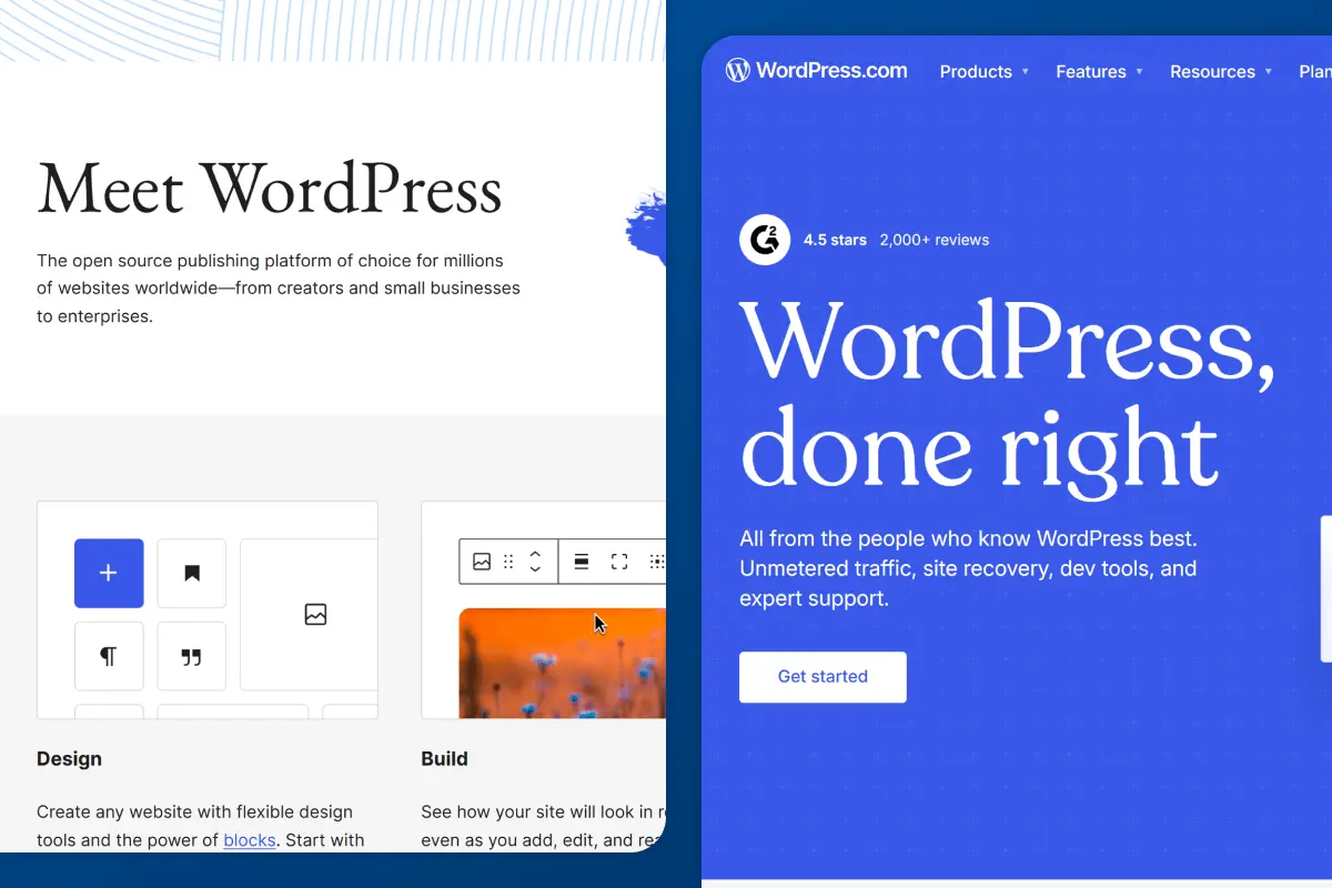 Screenshot of the homepage of WordPress.org & WordPress.com