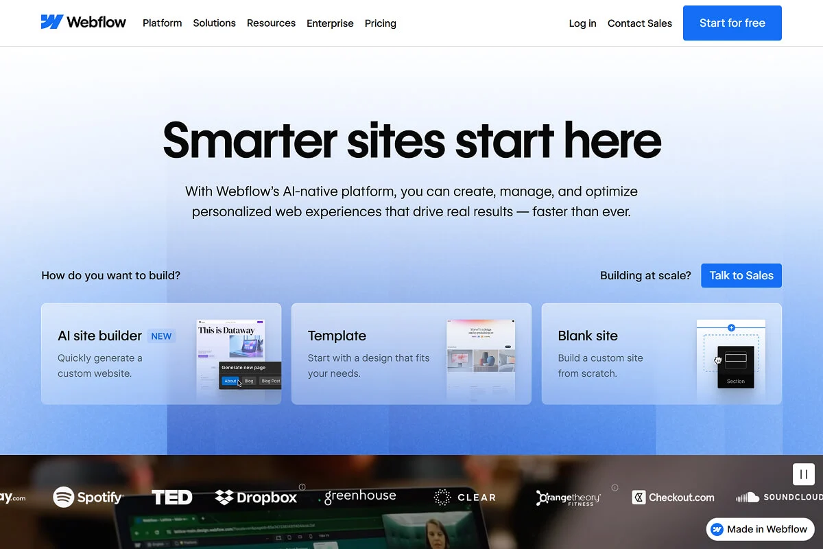 Screenshot of the homepage of Webflow.