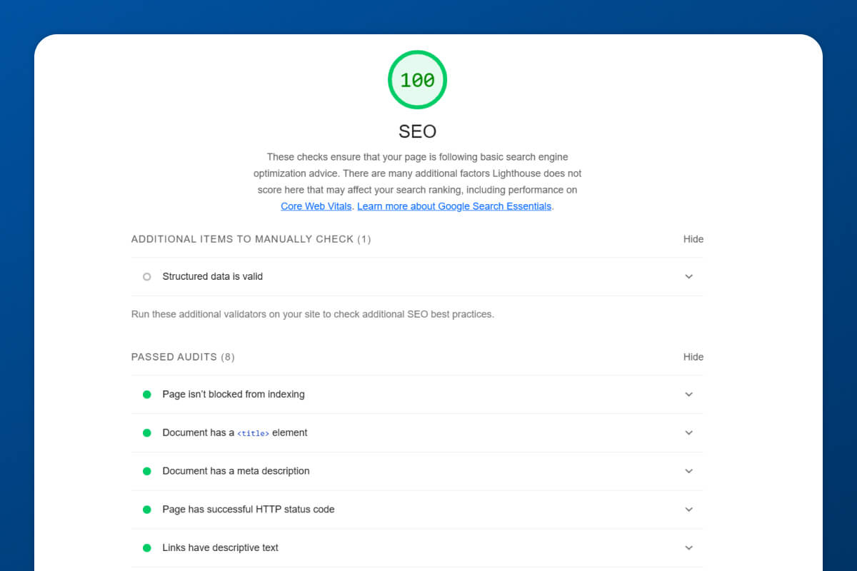 On-page SEO score of a tutoring business website developed by Mabit Web Studio.